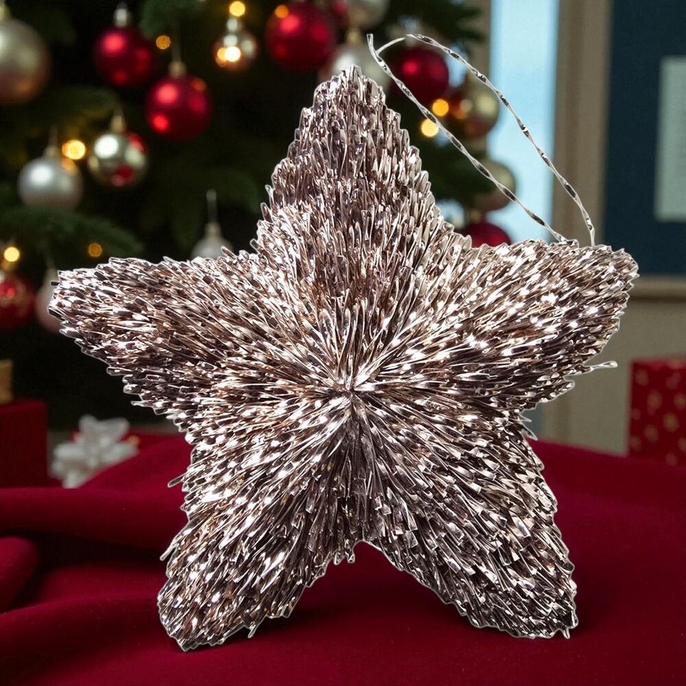 Retro Inspired Spiky Tinsel Star Christmas Ornament Rose Gold Bronze 8 inch